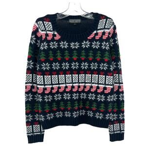 Almost Famous Medium Navy Blue Ugly Christmas Sweater Tinsel Tree Bells Knit M